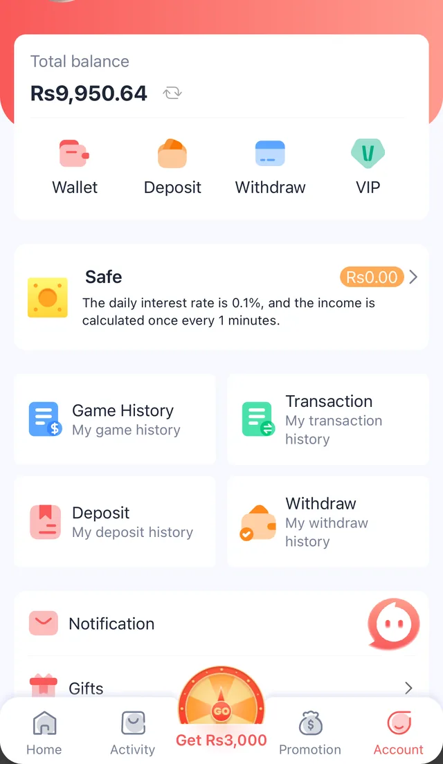 Pak Game wallet screen showing balance, deposit and withdraw options