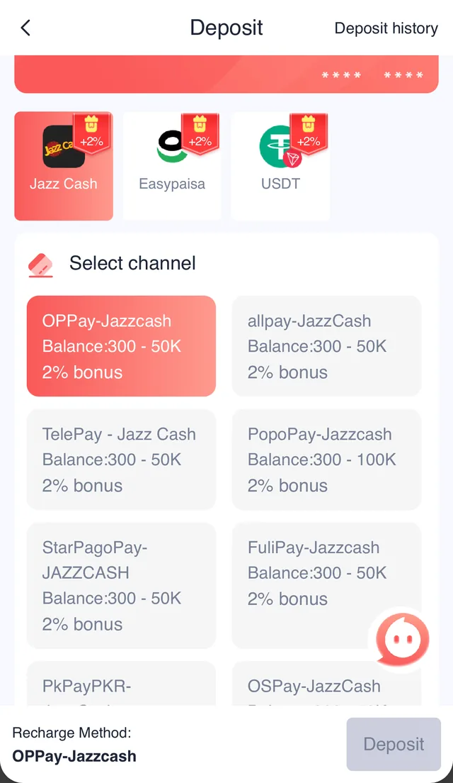 Pak Game deposit screen showing payment channel options