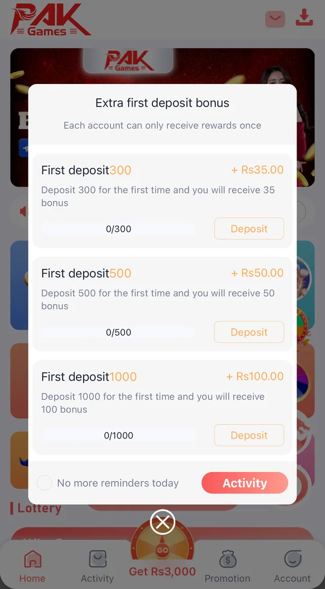 Pak Game extra first deposit bonus screen showing three deposit tiers